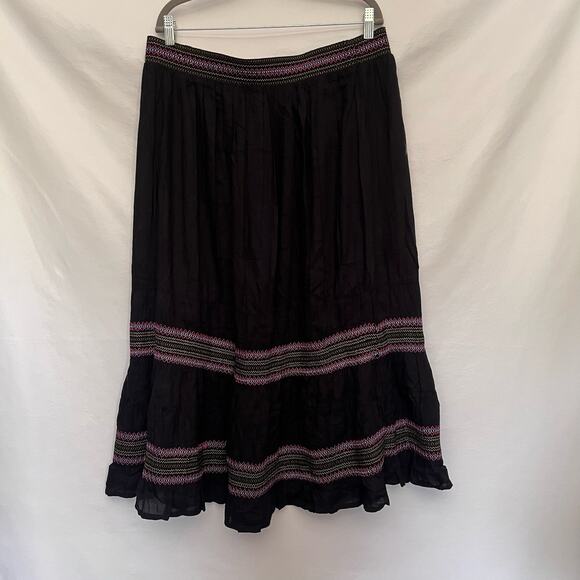 Linda Anderson Boho Maxi Skirt Sz XL Black Festival Embroidered Smocking Peasant - Picture 12 of 12